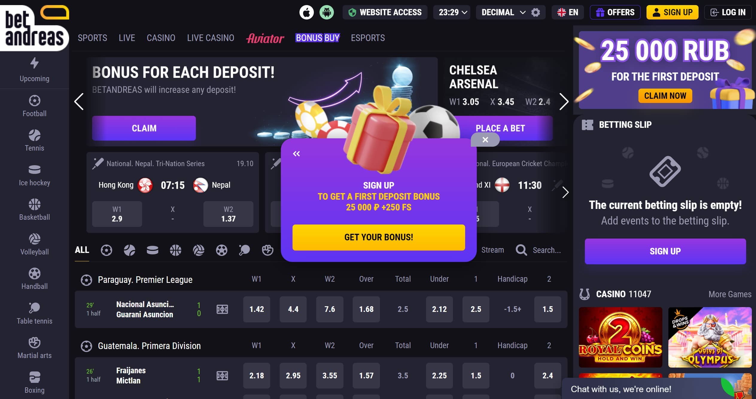 the main page of the gambling service